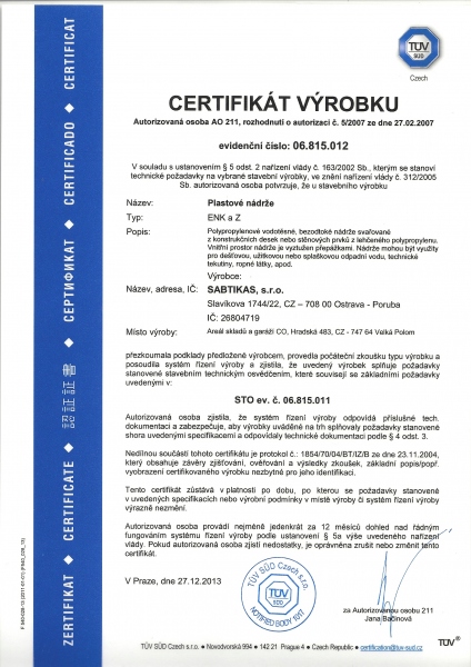 certifikát nádrží